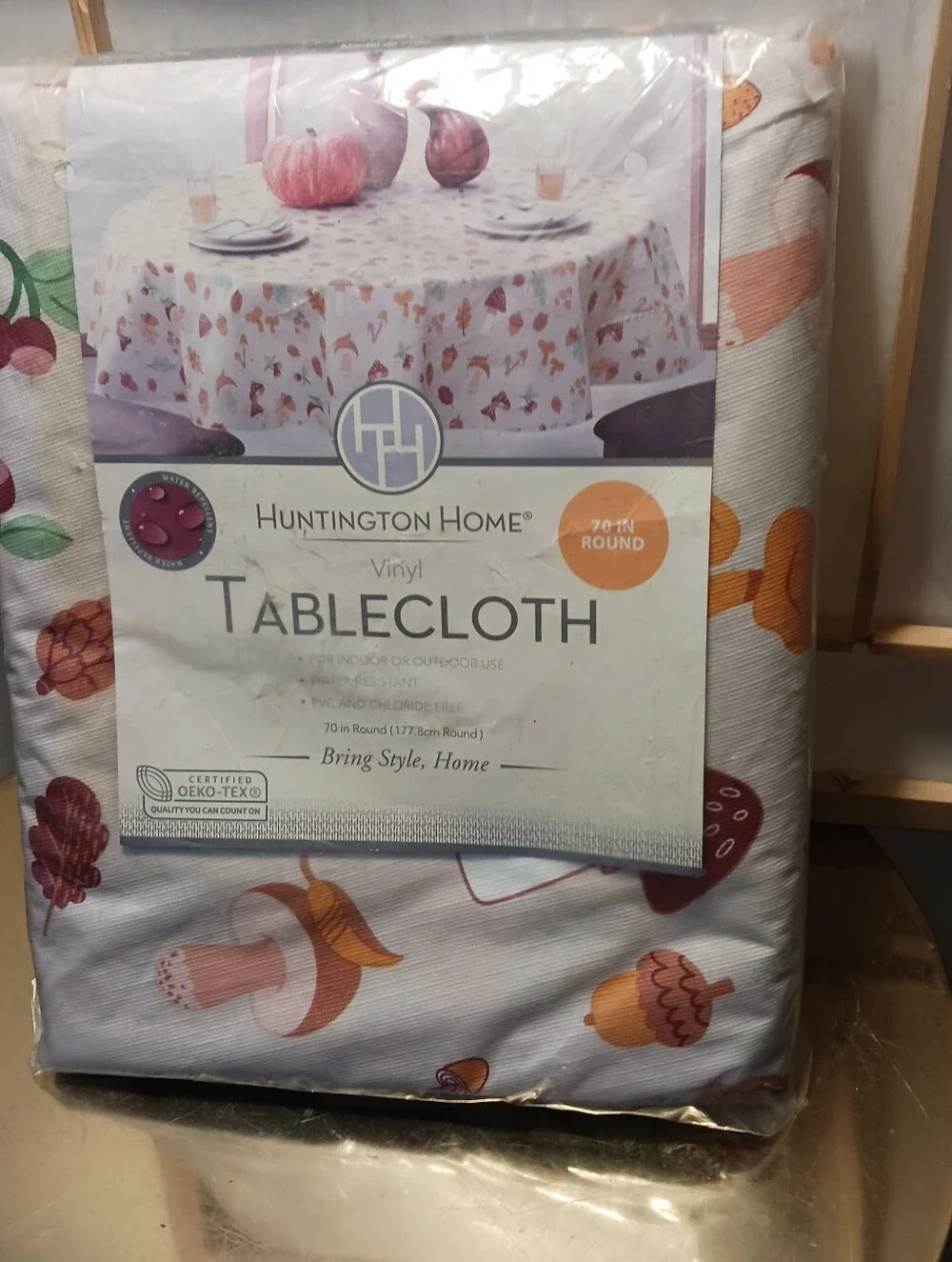 Huntington Home MCM  Pumpkin Acorn Vinyl Tablecloth - White with Orange Accents